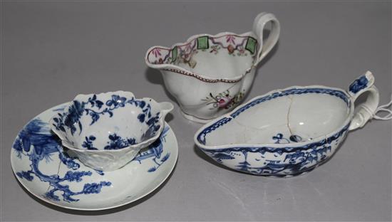 A Worcester Mansfield pattern butter boat, a Vauxhall saucer, a Liverpool sauceboat and a New Hall cream boat, damage (4)